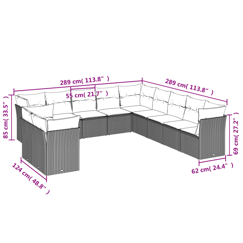 Set canapele de grădină cu perne, 11 piese, negru, poliratan 3249714 - imagine 3