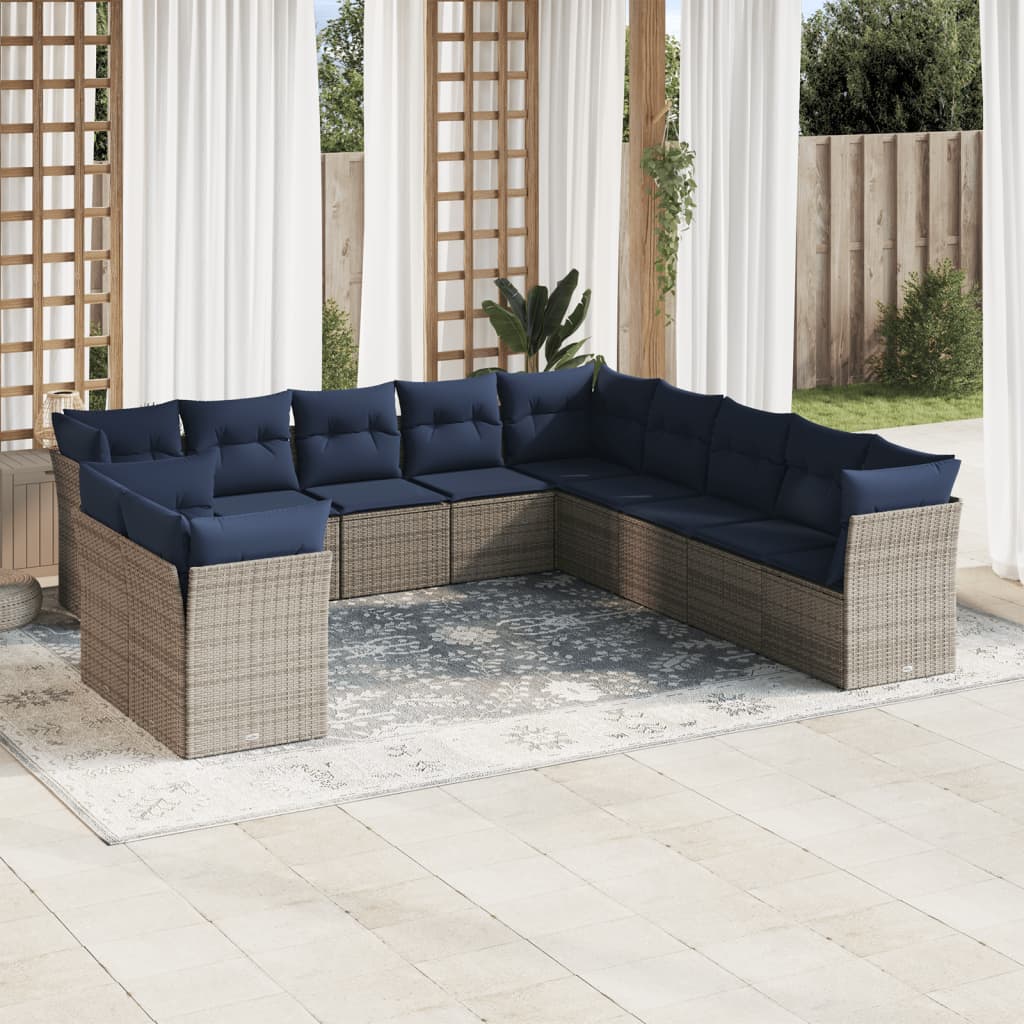 11 pcs conjunto sofás de jardim c/ almofadões vime PE cinzento