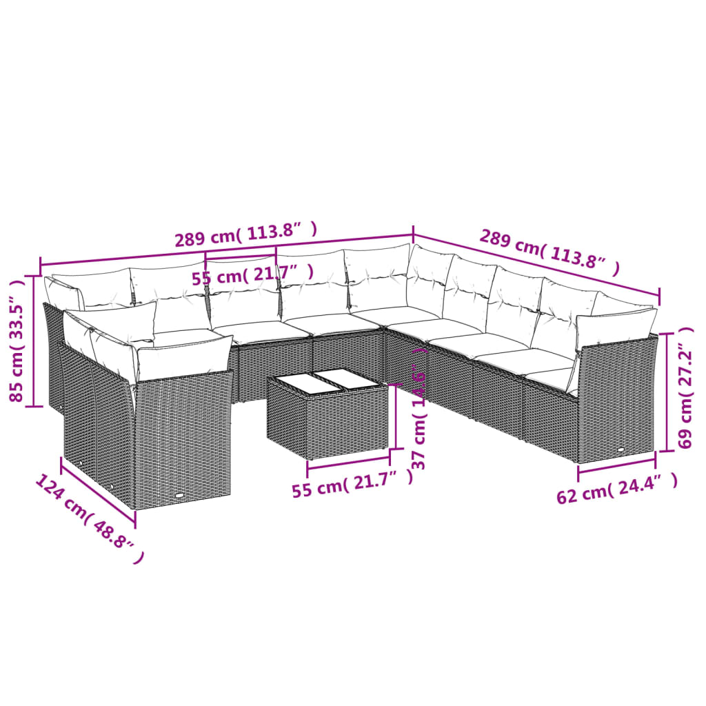 vidaXL 12-delige Loungeset met kussens poly rattan bruin