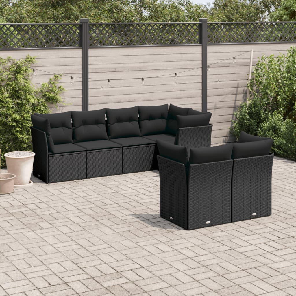 vidaXL 7-tlg. Garten-Sofagarnitur mit Kissen Schwarz Poly Rattan