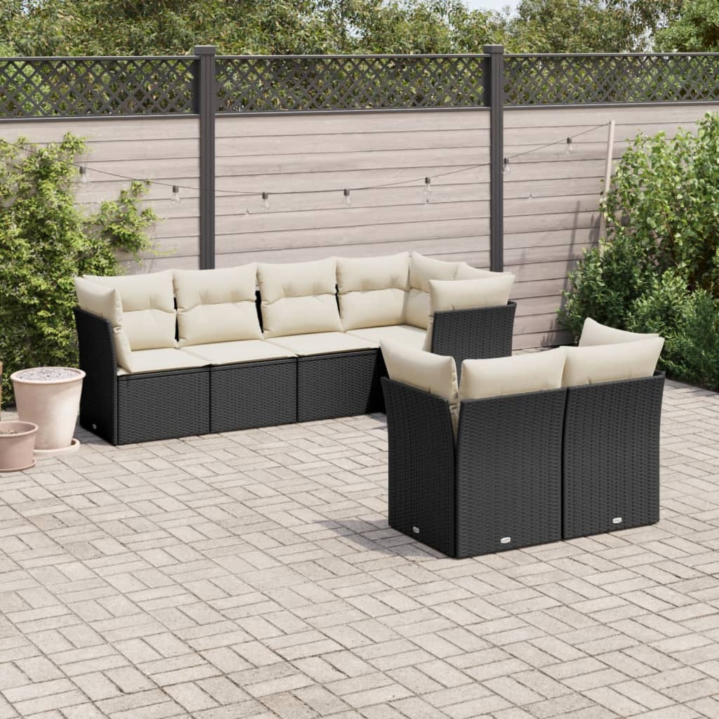 Sofasæt til haven - 7 dele i sort polyrattan med hynder og opbevaring