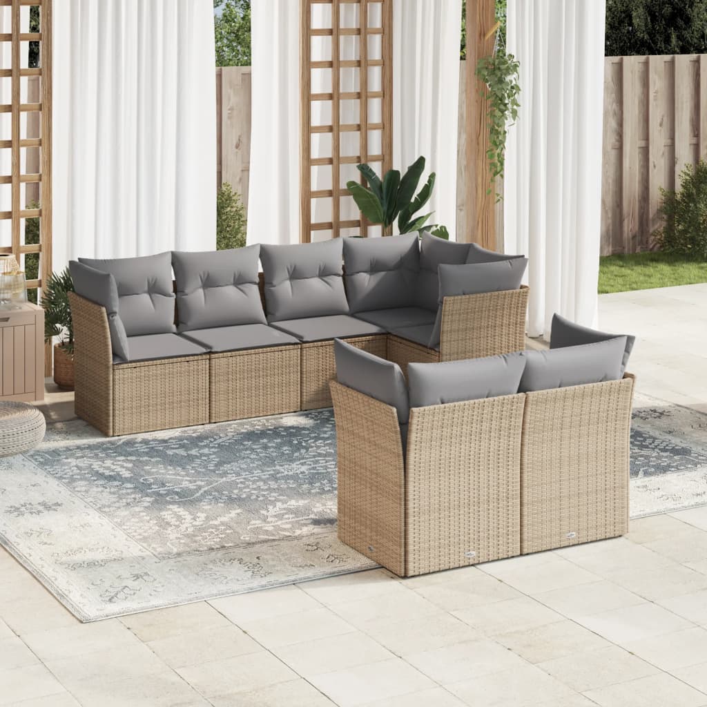 vidaXL 7-tlg. Garten-Sofagarnitur mit Kissen Beige Poly Rattan