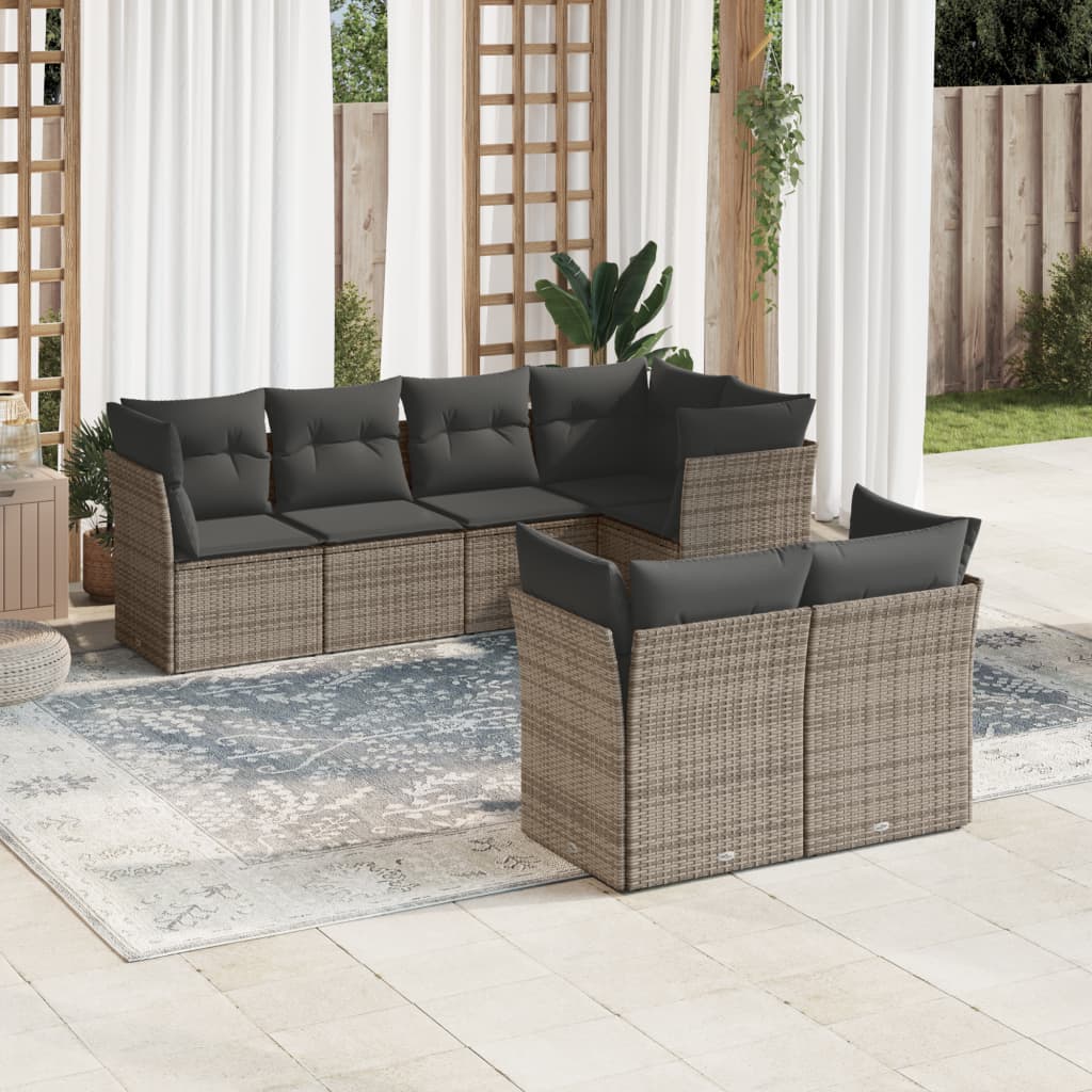 vidaXL 7-tlg. Garten-Sofagarnitur mit Kissen Grau Poly Rattan