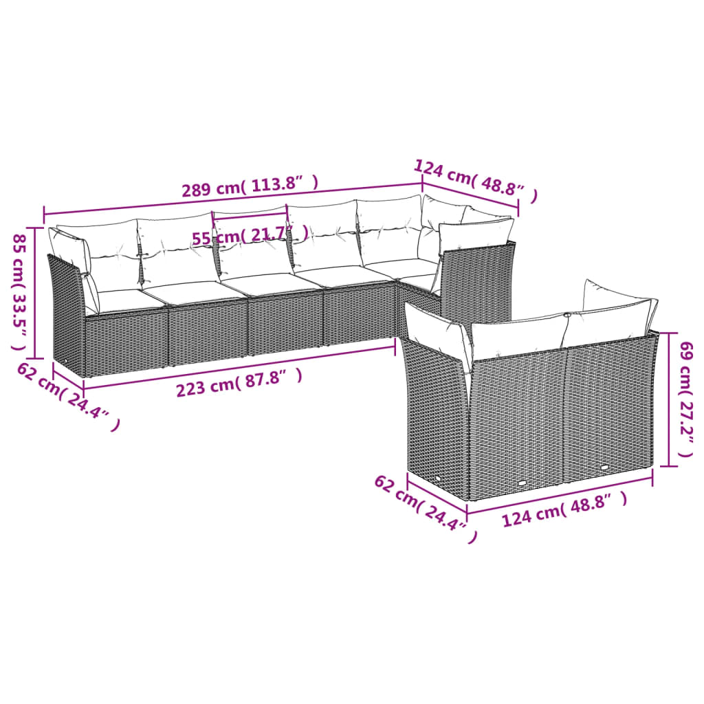 vidaXL 8-delige Loungeset met kussens poly rattan grijs afbeelding
