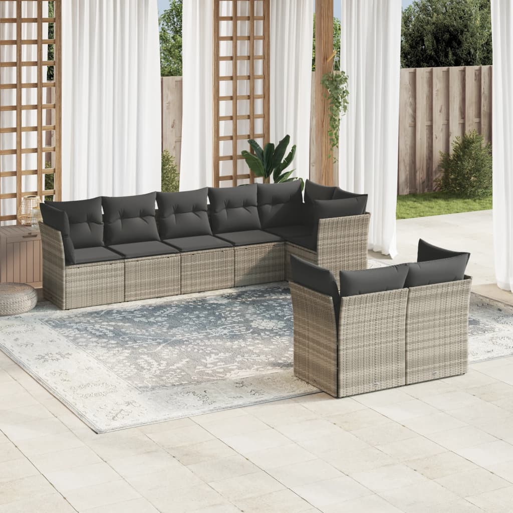 vidaXL 8-tlg. Garten-Sofagarnitur mit Kissen Hellgrau Poly Rattan