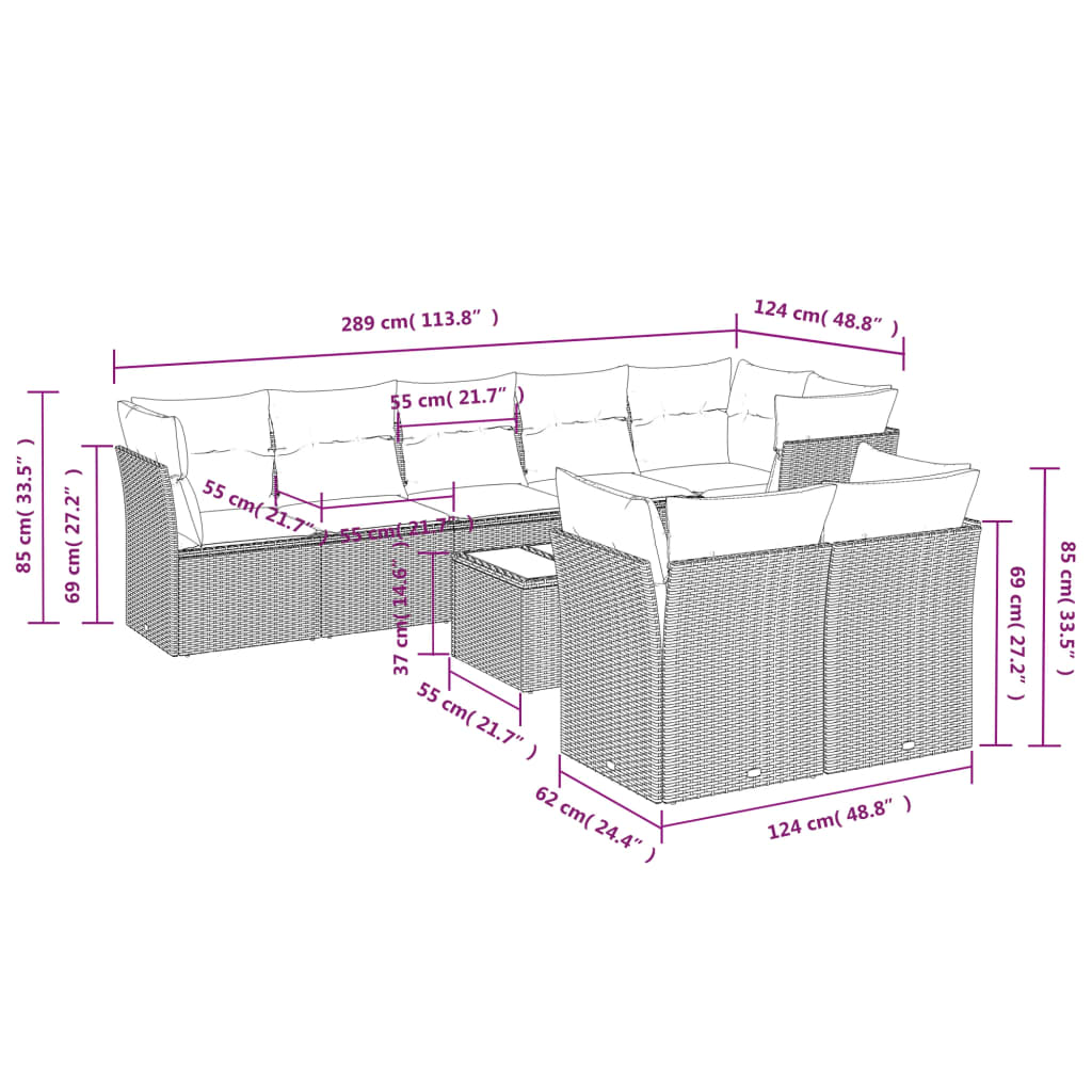 vidaXL 9-delige Loungeset met kussens poly rattan zwart afbeelding