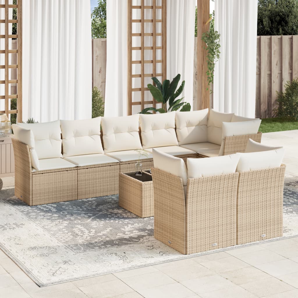 9-tlg. Garten-Sofagarnitur mit Kissen Beige Poly Rattan