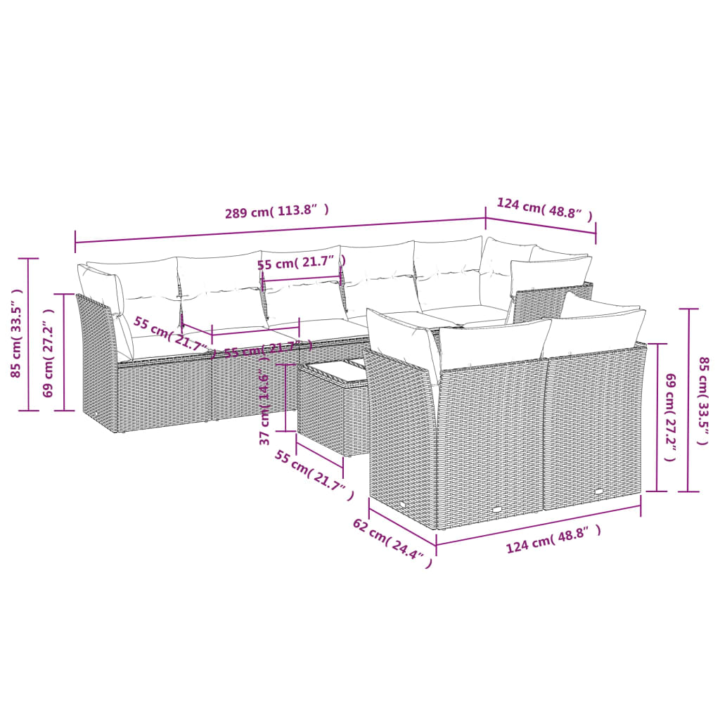 vidaXL 9-delige Loungeset met kussens poly rattan bruin