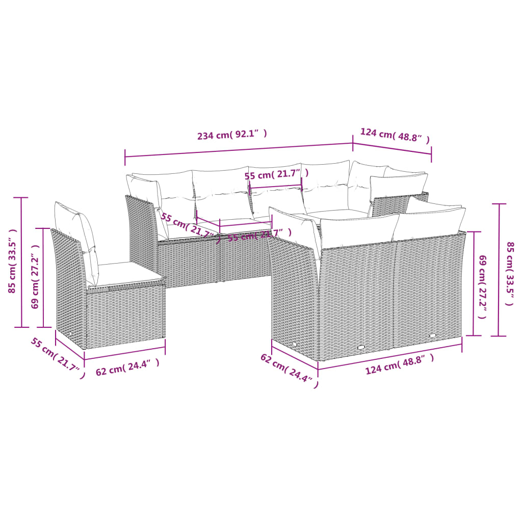 vidaXL 8-delige Loungeset met kussens poly rattan zwart afbeelding