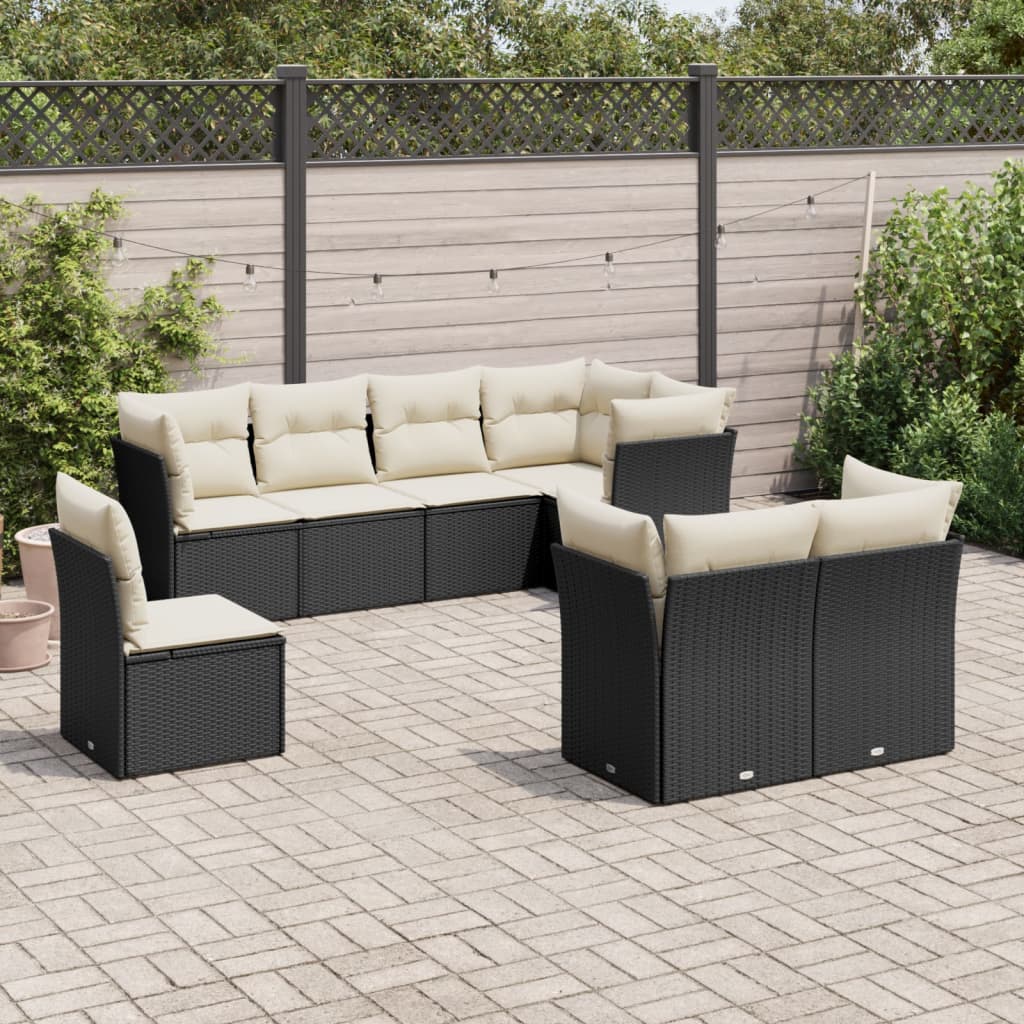 8-tlg. Garten-Sofagarnitur mit Kissen Schwarz Poly Rattan