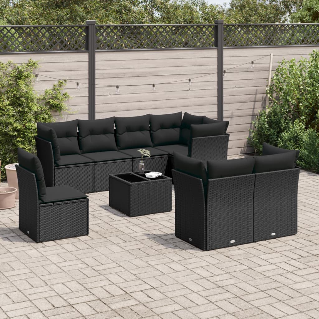 vidaXL 9-tlg. Garten-Sofagarnitur mit Kissen Schwarz Poly Rattan