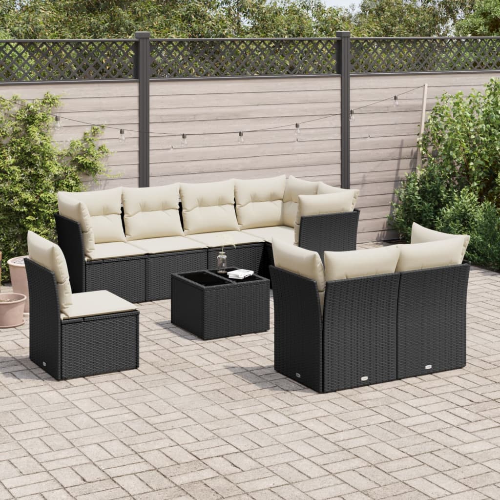 vidaXL 9-tlg. Garten-Sofagarnitur mit Kissen Schwarz Poly Rattan