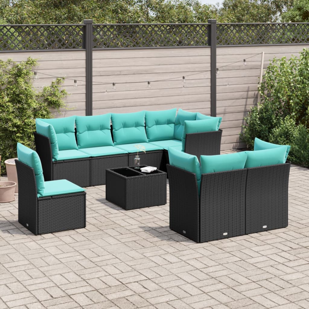 vidaXL Set canapele de grădină cu perne, 9 piese, negru, poliratan