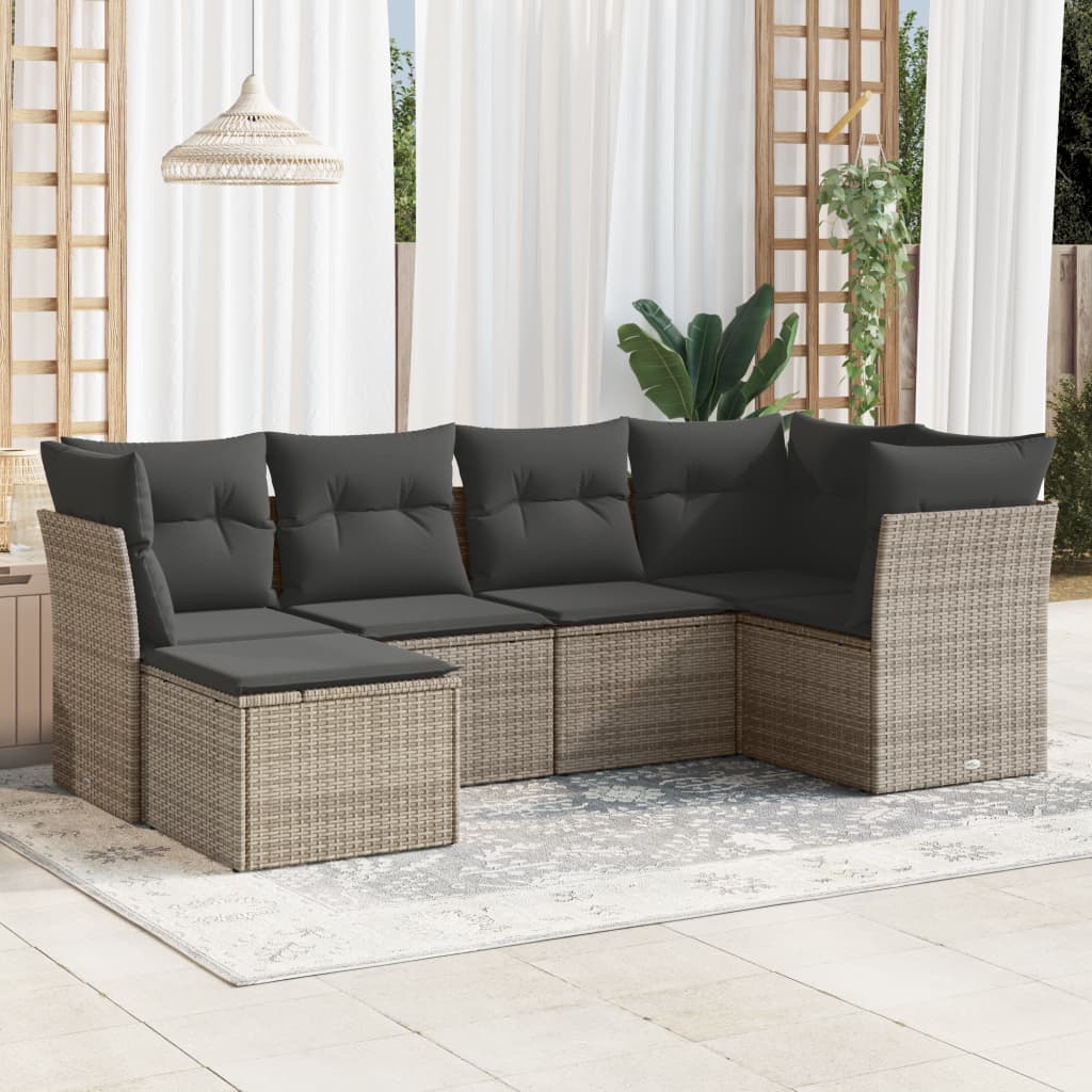 6-tlg. Garten-Sofagarnitur mit Kissen Grau Poly Rattan