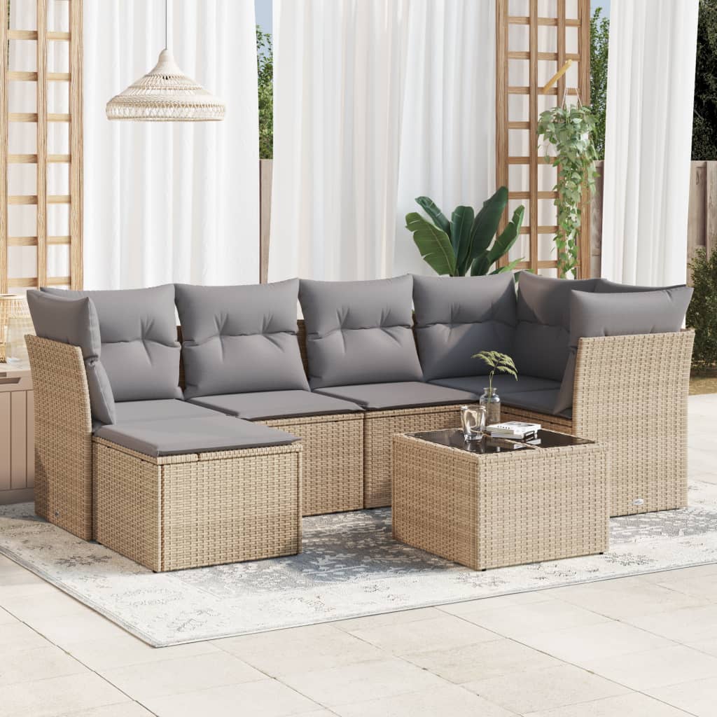 vidaXL 7-tlg. Garten-Sofagarnitur mit Kissen Beige Poly Rattan