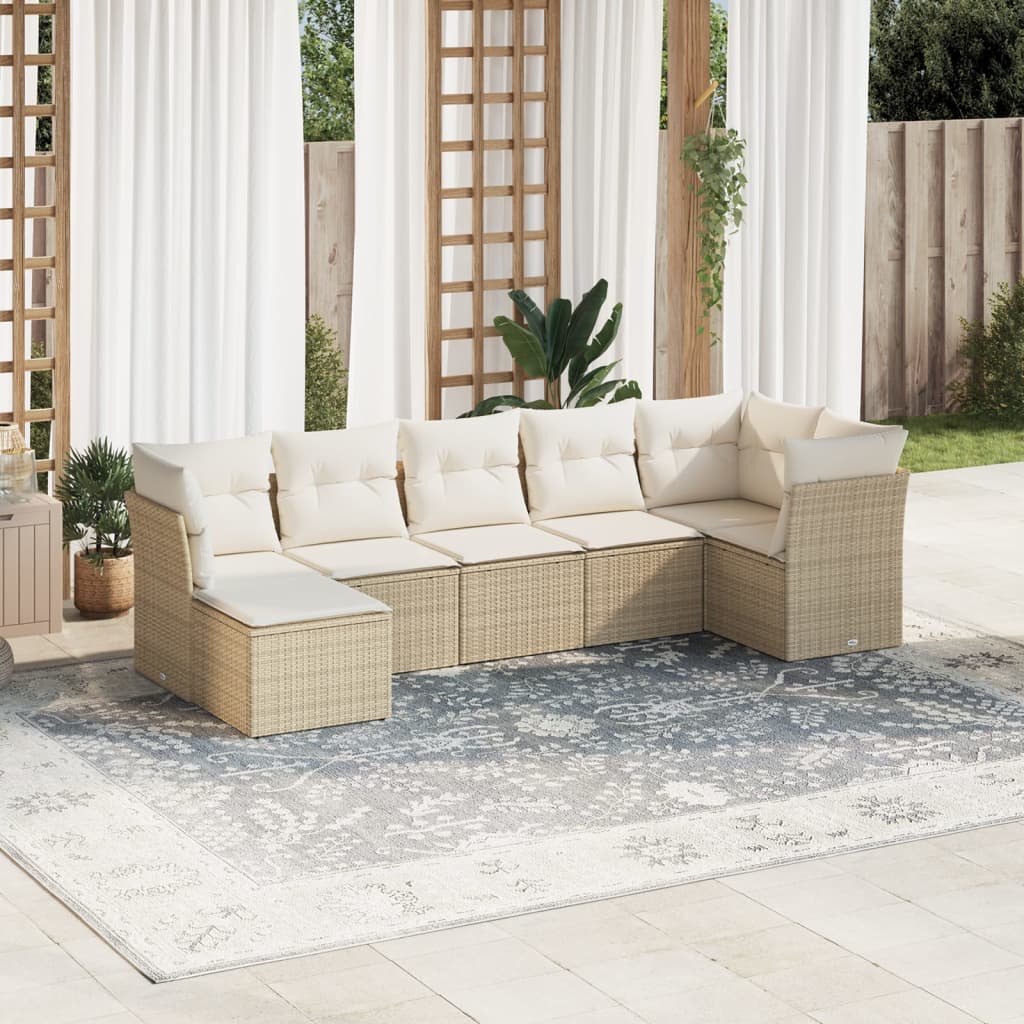 vidaXL 7-tlg. Garten-Sofagarnitur mit Kissen Beige Poly Rattan