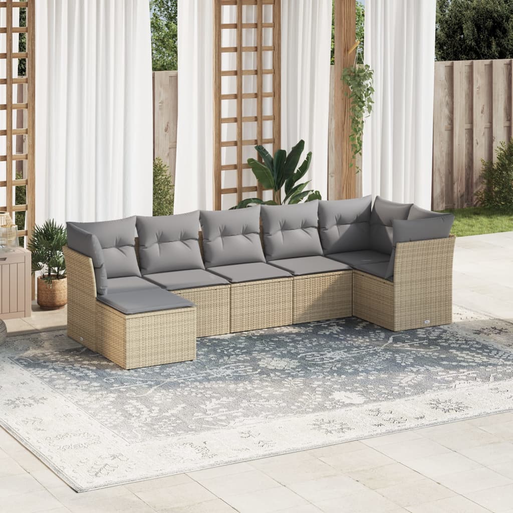 Sofasæt til haven i polyrattan - 7 dele med hynder, beige/lysegrå
