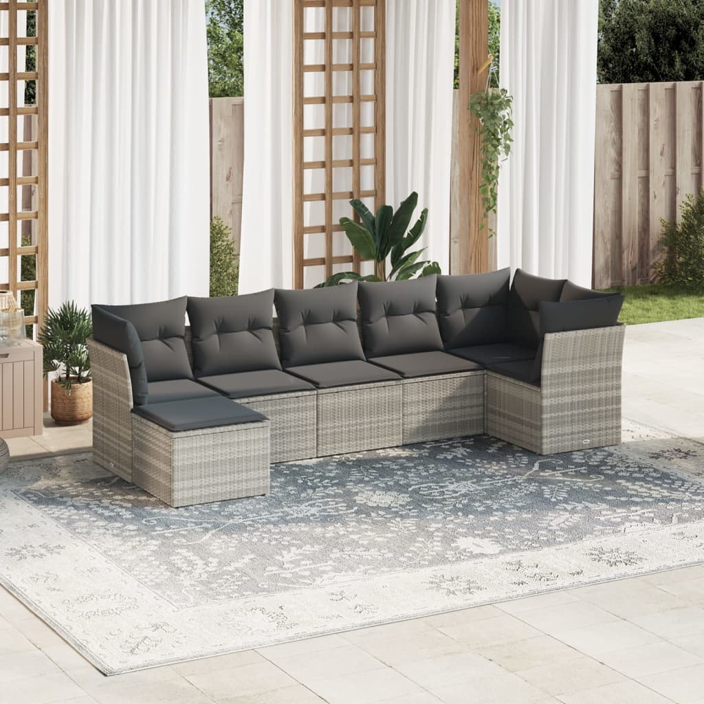 vidaXL 7-tlg. Garten-Sofagarnitur mit Kissen Hellgrau Poly Rattan