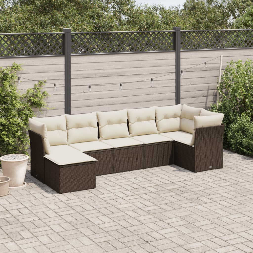 vidaXL 7-tlg. Garten-Sofagarnitur mit Kissen Braun Poly Rattan