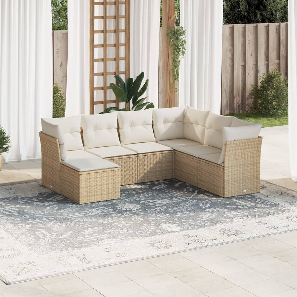 7-tlg. Garten-Sofagarnitur mit Kissen Beige Poly Rattan