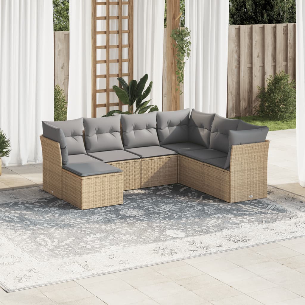 Havesofasæt i polyrattan - 7 dele med hynder og opbevaring, beige/lysegrå
