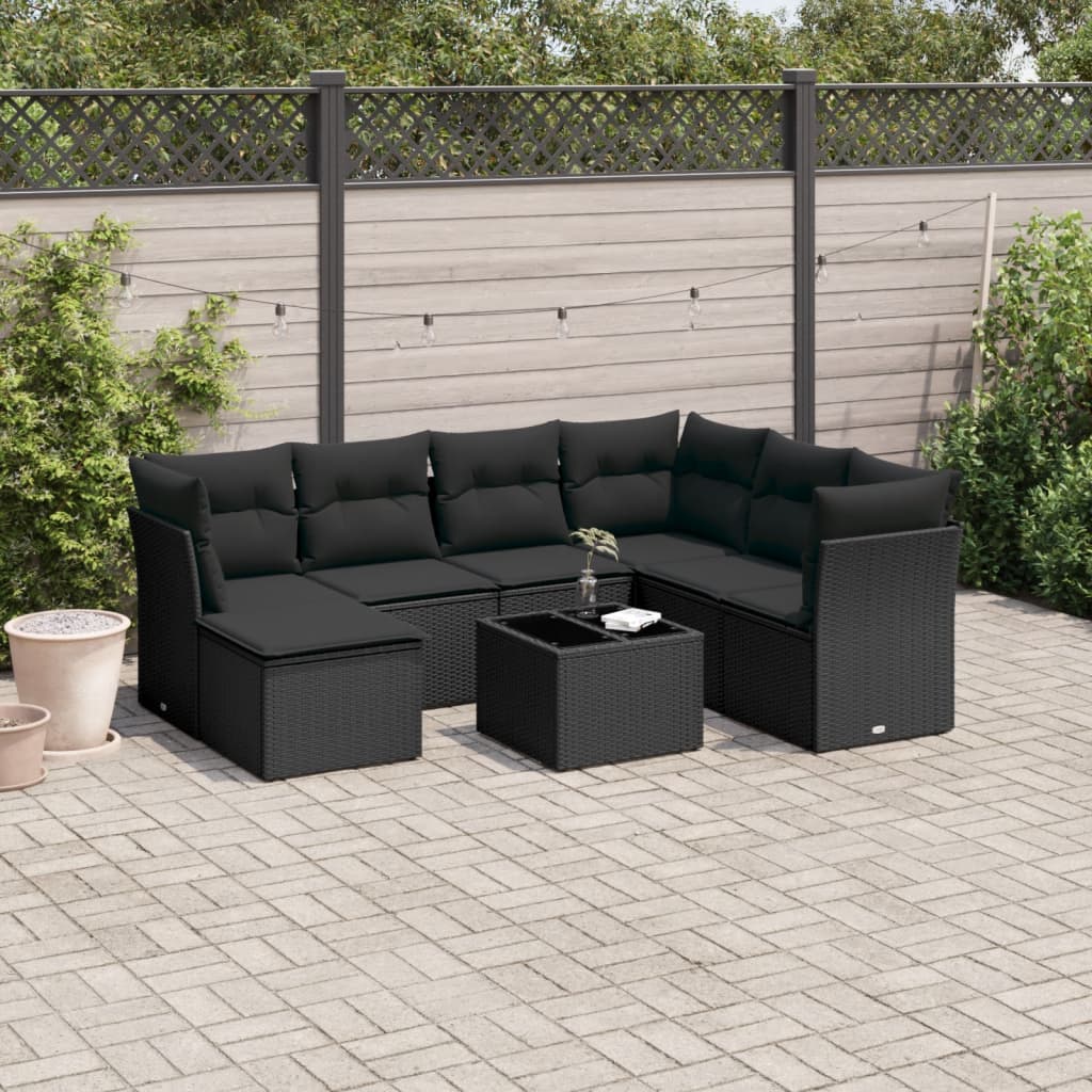 vidaXL 8-tlg. Garten-Sofagarnitur mit Kissen Schwarz Poly Rattan