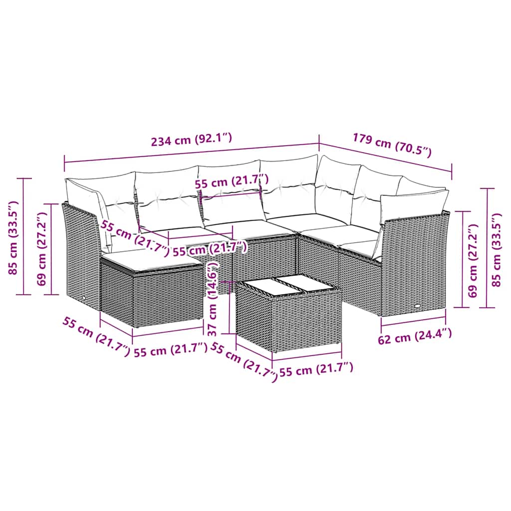Set mobilier de grădină cu perne, 8 piese, negru, poliratan 3249835 - imagine 3