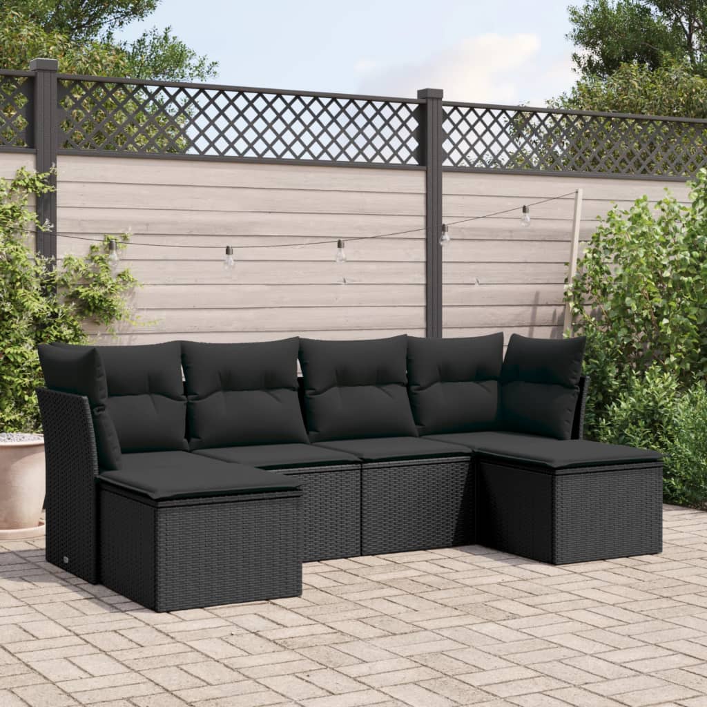 vidaXL 6-tlg. Garten-Sofagarnitur mit Kissen Schwarz Poly Rattan