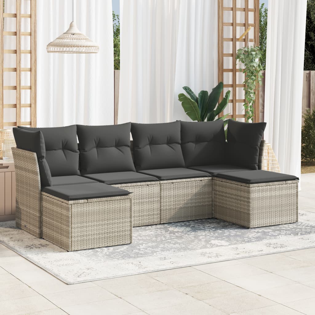 vidaXL 6-tlg. Garten-Sofagarnitur mit Kissen Hellgrau Poly Rattan