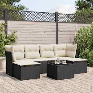 Vrtna sedežna garnitura 7-delna z blazinami črn poli ratan