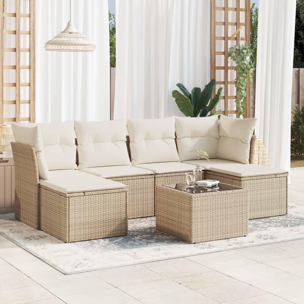 vidaXL 7-tlg. Garten-Sofagarnitur mit Kissen Beige Poly Rattan