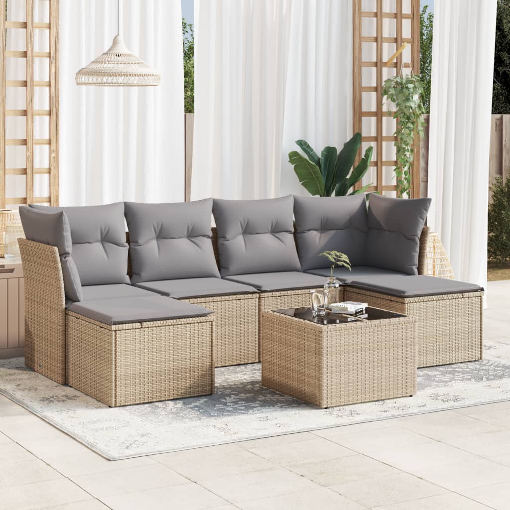 vidaXL 7-tlg. Garten-Sofagarnitur mit Kissen Beige Poly Rattan