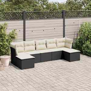 Vrtna sedežna garnitura 7-delna z blazinami črn poli ratan