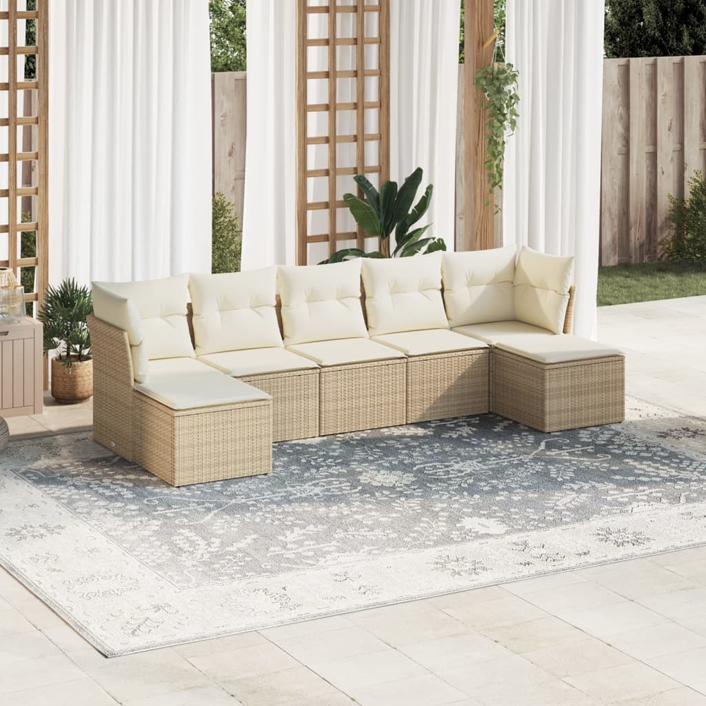 vidaXL 7-tlg. Garten-Sofagarnitur mit Kissen Beige Poly Rattan