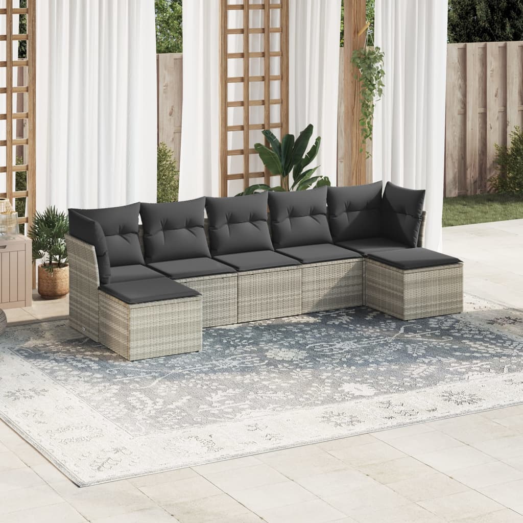 7-tlg. Garten-Sofagarnitur mit Kissen Hellgrau Poly Rattan