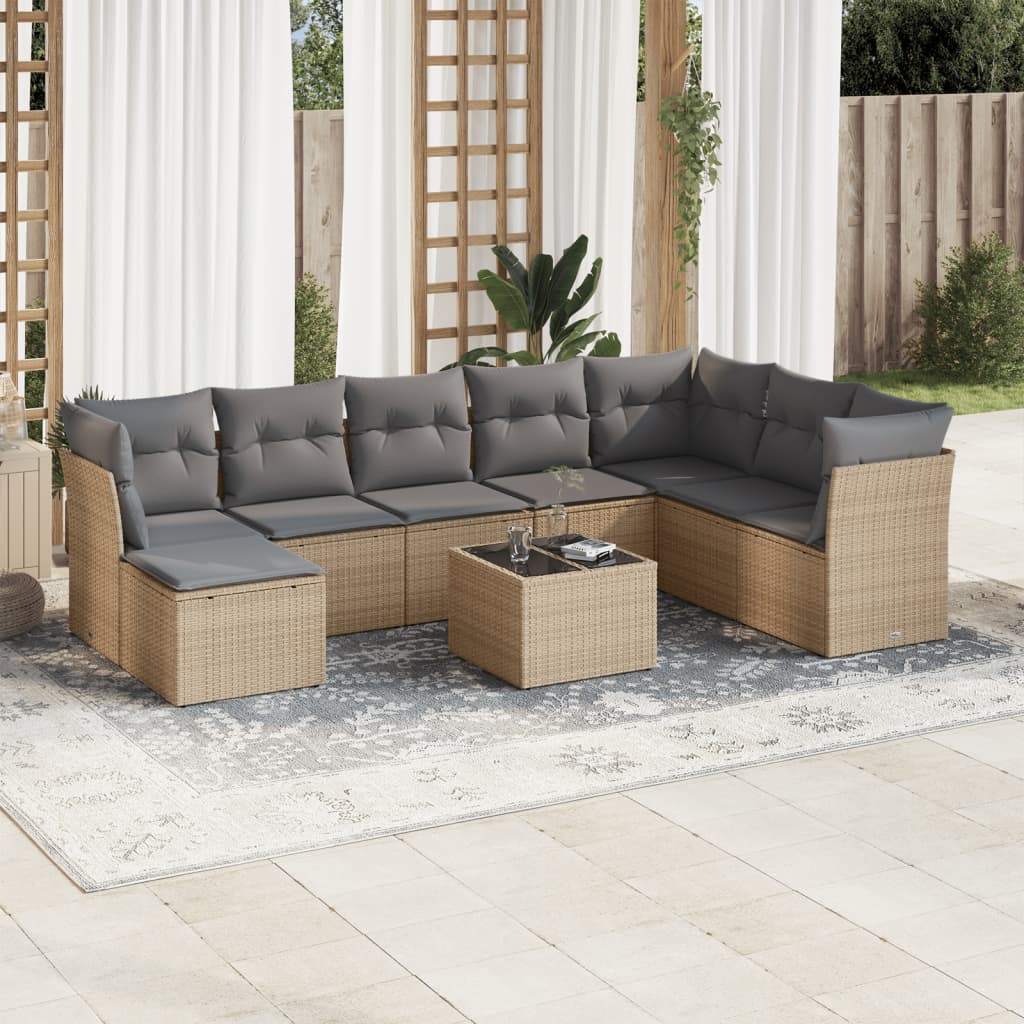 vidaXL 9-tlg. Garten-Sofagarnitur mit Kissen Beige Poly Rattan