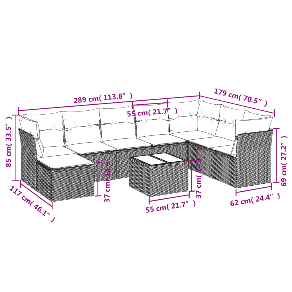 vidaXL 9-delige Loungeset met kussens poly rattan grijs afbeelding