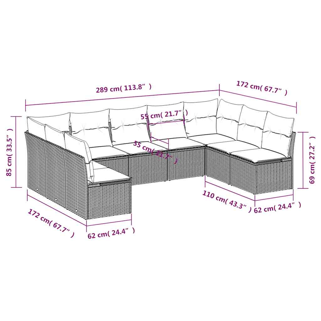 Set mobilier de grădină cu perne, 9 piese, negru, poliratan 3249904 - imagine 3