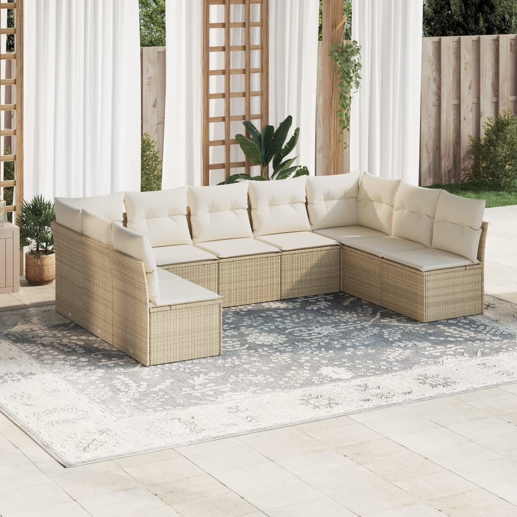 9-tlg. Garten-Sofagarnitur mit Kissen Beige Poly Rattan