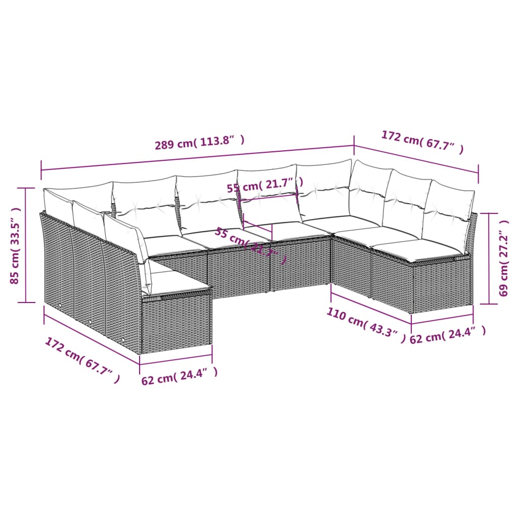 Set canapele de grădină, 9 piese, cu perne, gri, poliratan 3249909 - imagine 3