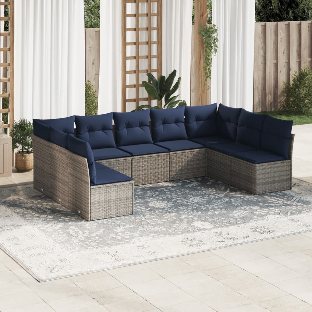 9 pcs conjunto sofás p/ jardim c/ almofadões vime PE cinzento