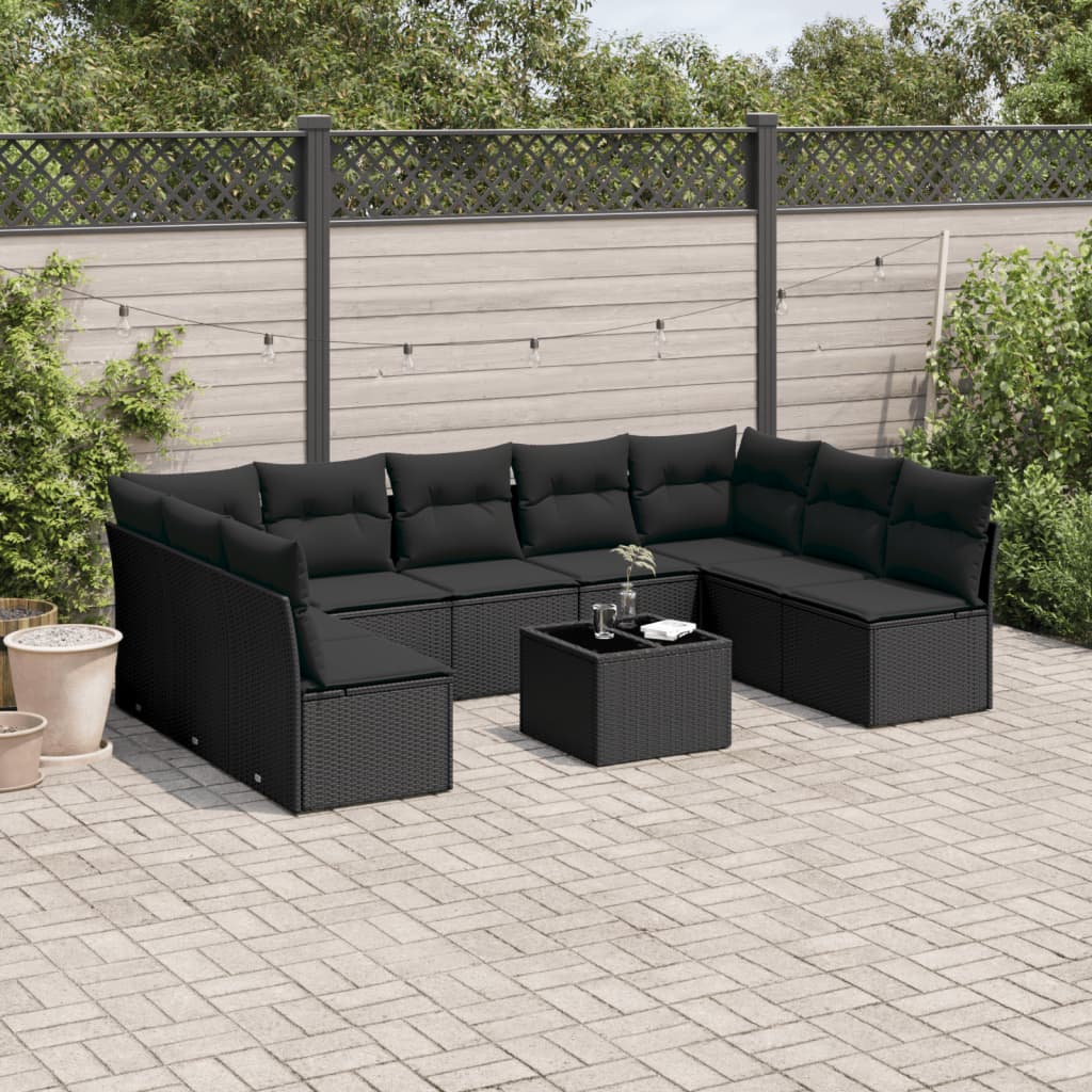 vidaXL 10-tlg. Garten-Sofagarnitur mit Kissen Schwarz Poly Rattan