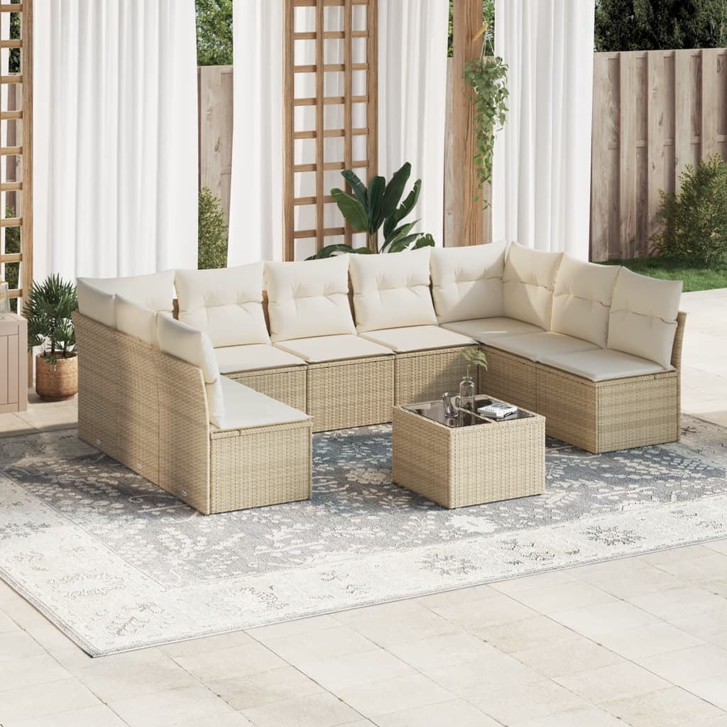 vidaXL 10-tlg. Garten-Sofagarnitur mit Kissen Beige Poly Rattan