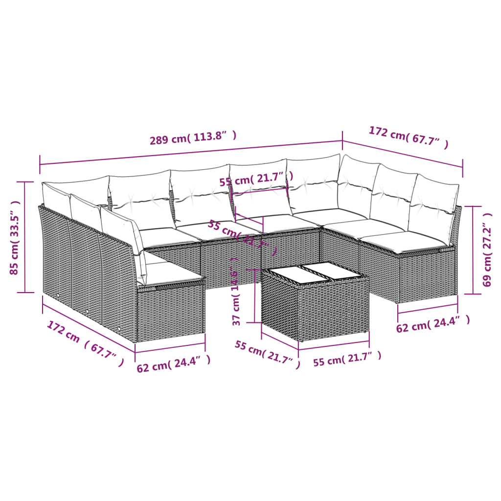 vidaXL 10-delige Loungeset met kussens poly rattan bruin