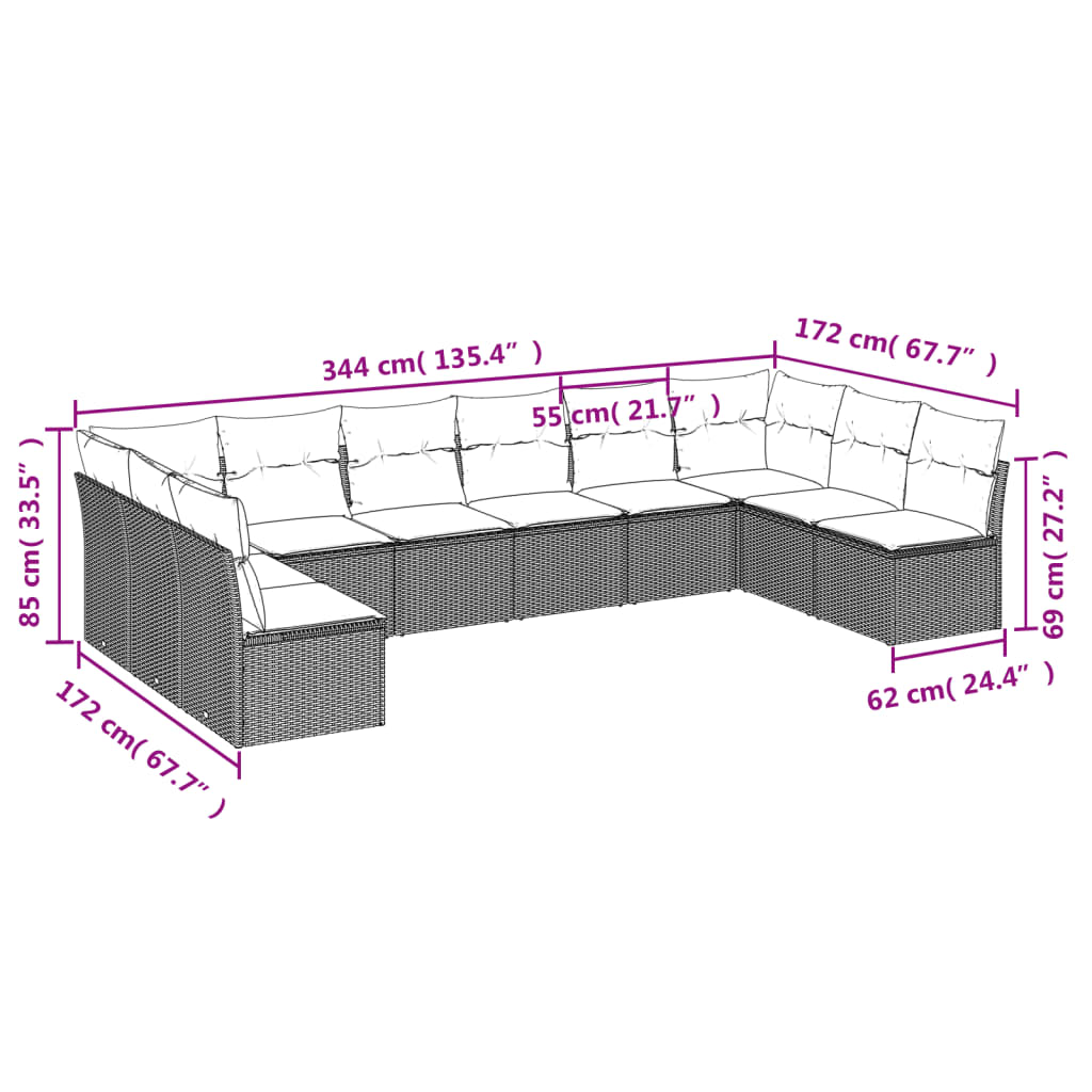 Set canapele de grădină cu perne, 10 piese, bej, poliratan 3249928 - imagine 3