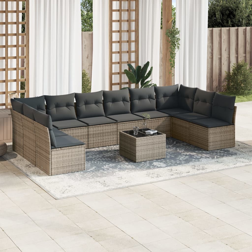 vidaXL 11-tlg. Garten-Sofagarnitur mit Kissen Grau Poly Rattan