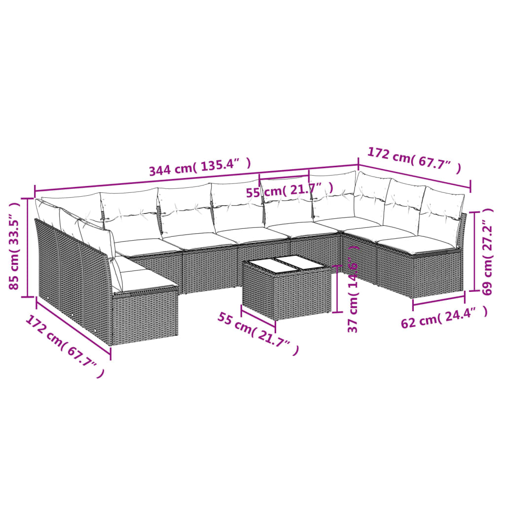 vidaXL 11-delige Loungeset met kussens poly rattan bruin