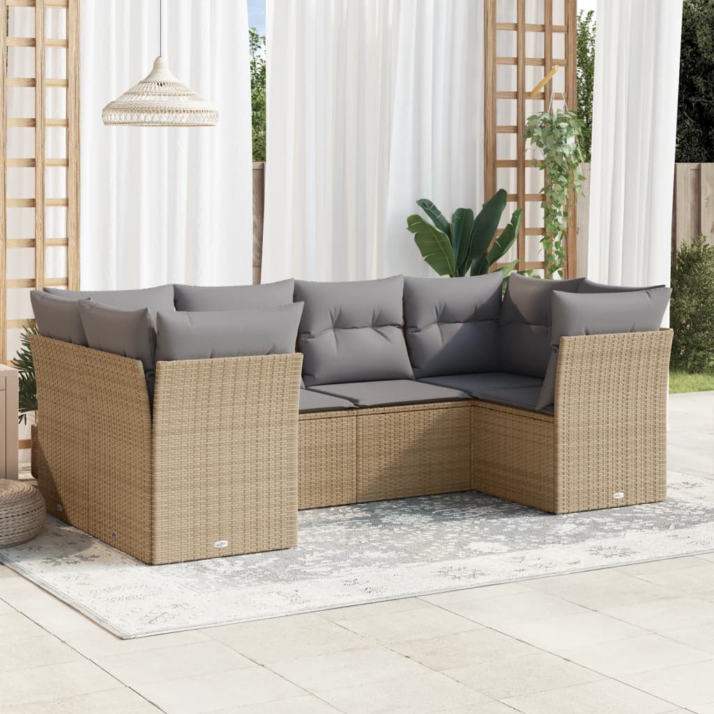 vidaXL 6-tlg. Garten-Sofagarnitur mit Kissen Beige Poly Rattan