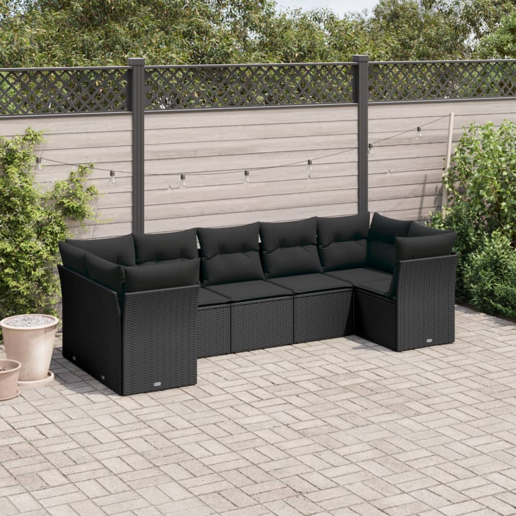 7-tlg. Garten-Sofagarnitur mit Kissen Schwarz Poly Rattan