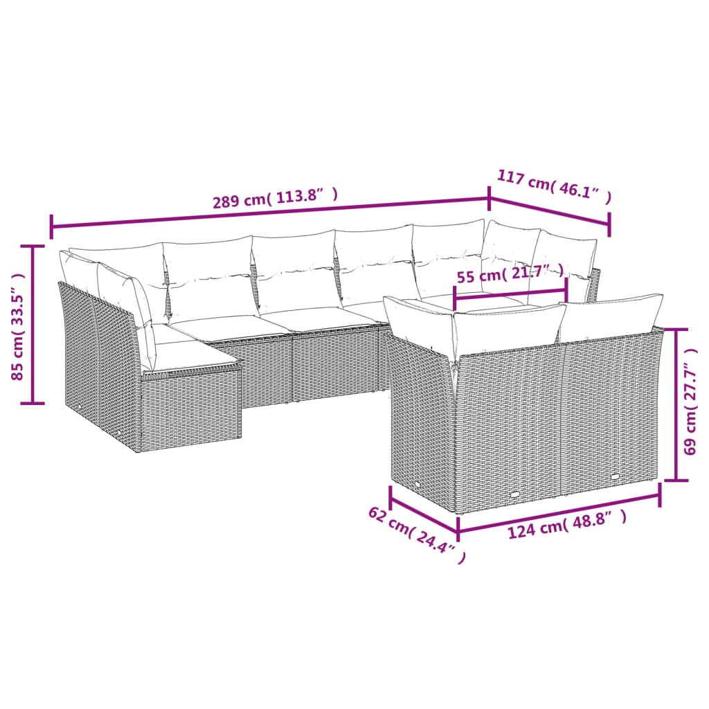 vidaXL 9-delige Loungeset met kussens poly rattan grijs afbeelding